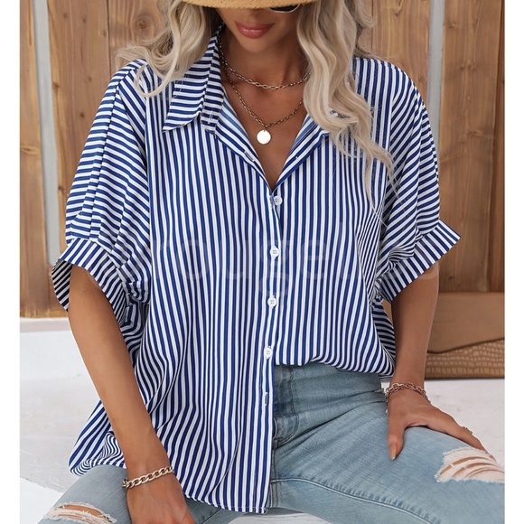 Rouge! Tops - Striped Blue White Button Up Front Shirt Oversized Half Sleeve Collar